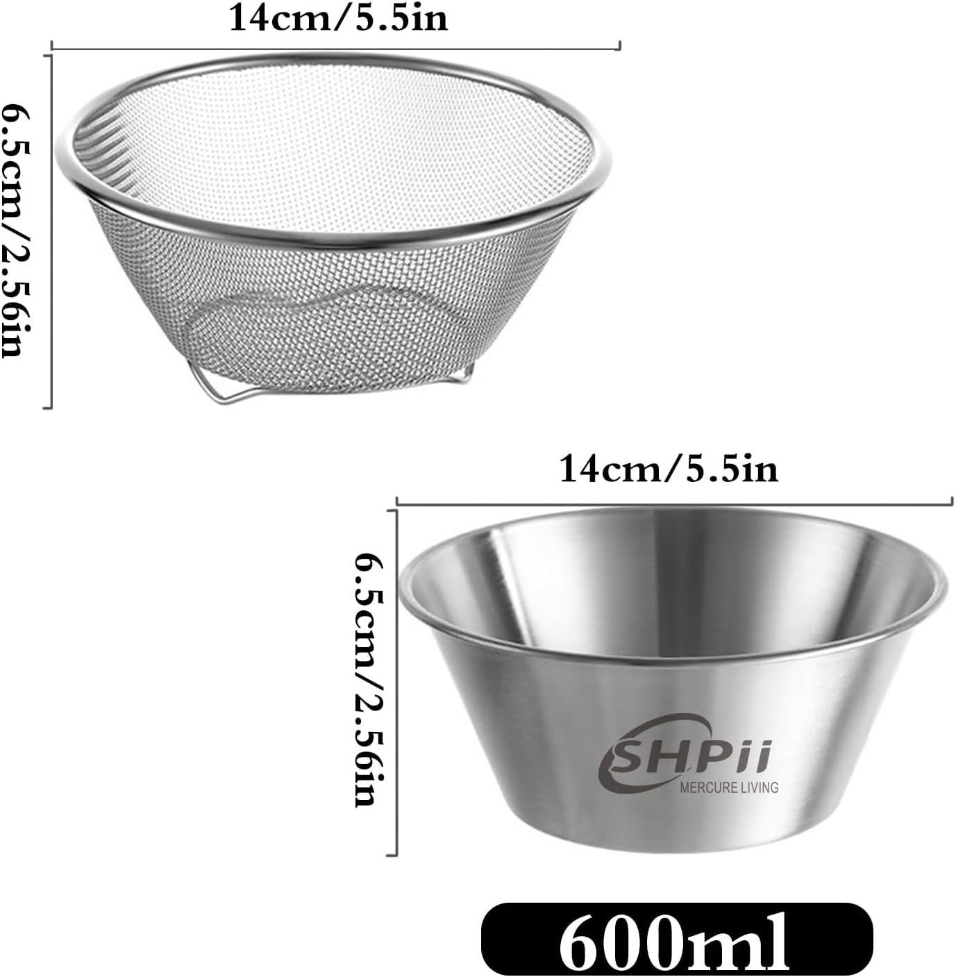 2 Piece Mini 304 Stainless Steel Colander with Mixing Bowl, Kitchen Cooking, Washing Fruits and Vegetables, Back of House Preparation (600ML)