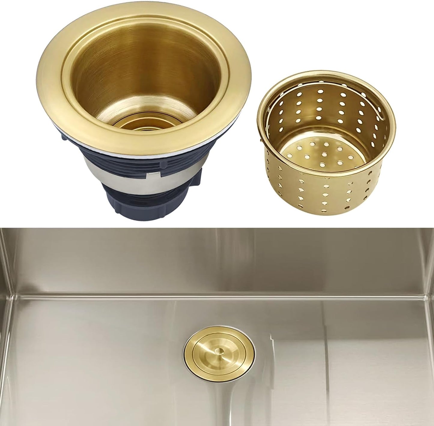 3-1/2-Inch Kitchen Sink Drain Strainer Assembly Kit, GZILA Deep Waste Basket Strainer with Sealing Lid Sink Stopper, 304 Stainless Steel Brushed Gold