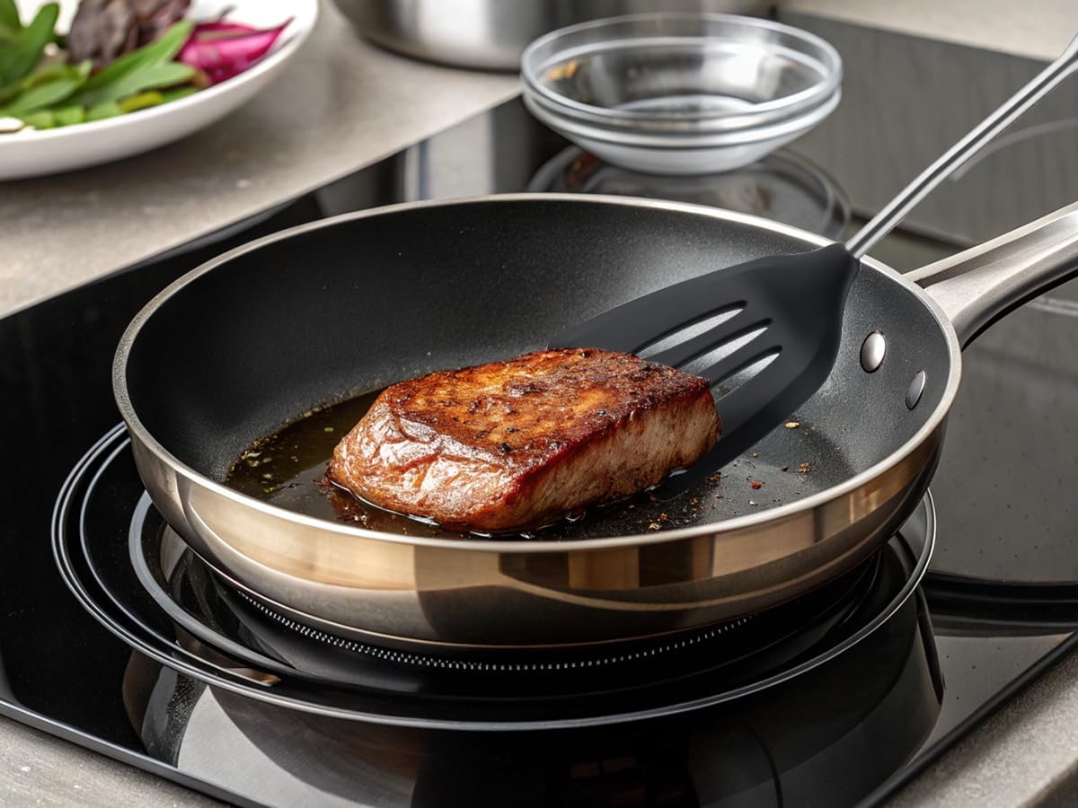 FJNATINH Silicone Spatulas and Turner Set - Stainless Steel Wok Tools, Wok Utensil, Heat Resistant Rubber Spatulas for Fish, Eggs, Pancakes, Wok,2 Pack