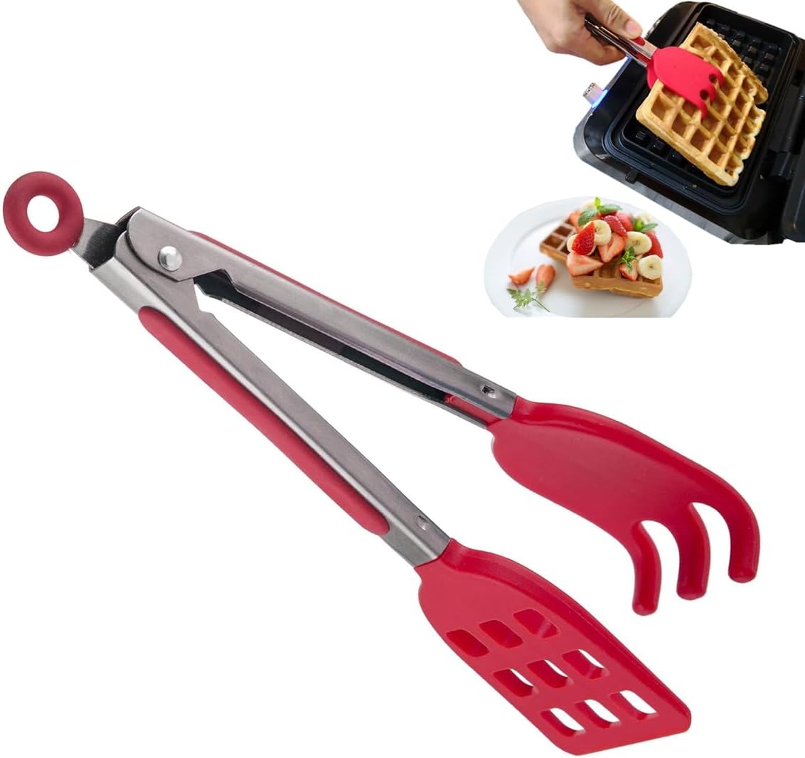 Professional Easy Grip Waffle Tongs with Heat-Resistant Nylon Tips, Red