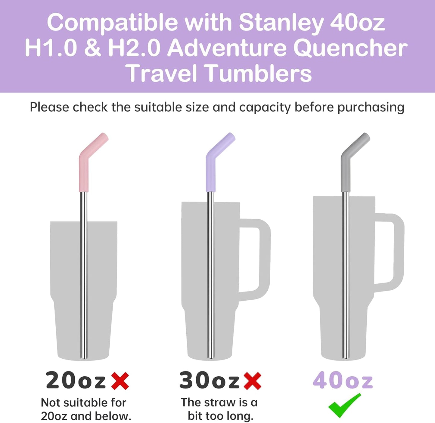 Tomorotec 40oz Straws, 13 Inch Stainless Steel Straw with Silicone Extender Tip for Stanley Adventure Quencher Tumbler 6-Pack with 2 Brushes, 0.35" Diameter Straws Food Grade BPA-Free Colorful Set