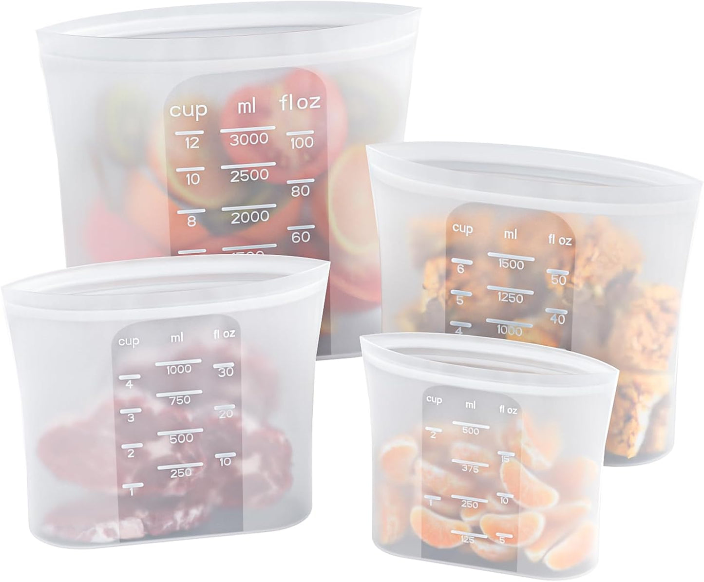 Bangp Premium Silicone Reusable Food Storage Bags,4 Pack(100oz, 50oz, 30oz,15oz),New Generation Stand Up Zip Freezer Bags,Sandwich Snack Bags,Multi-Use Food Storage Containers,Leak-free,Microwave Safe