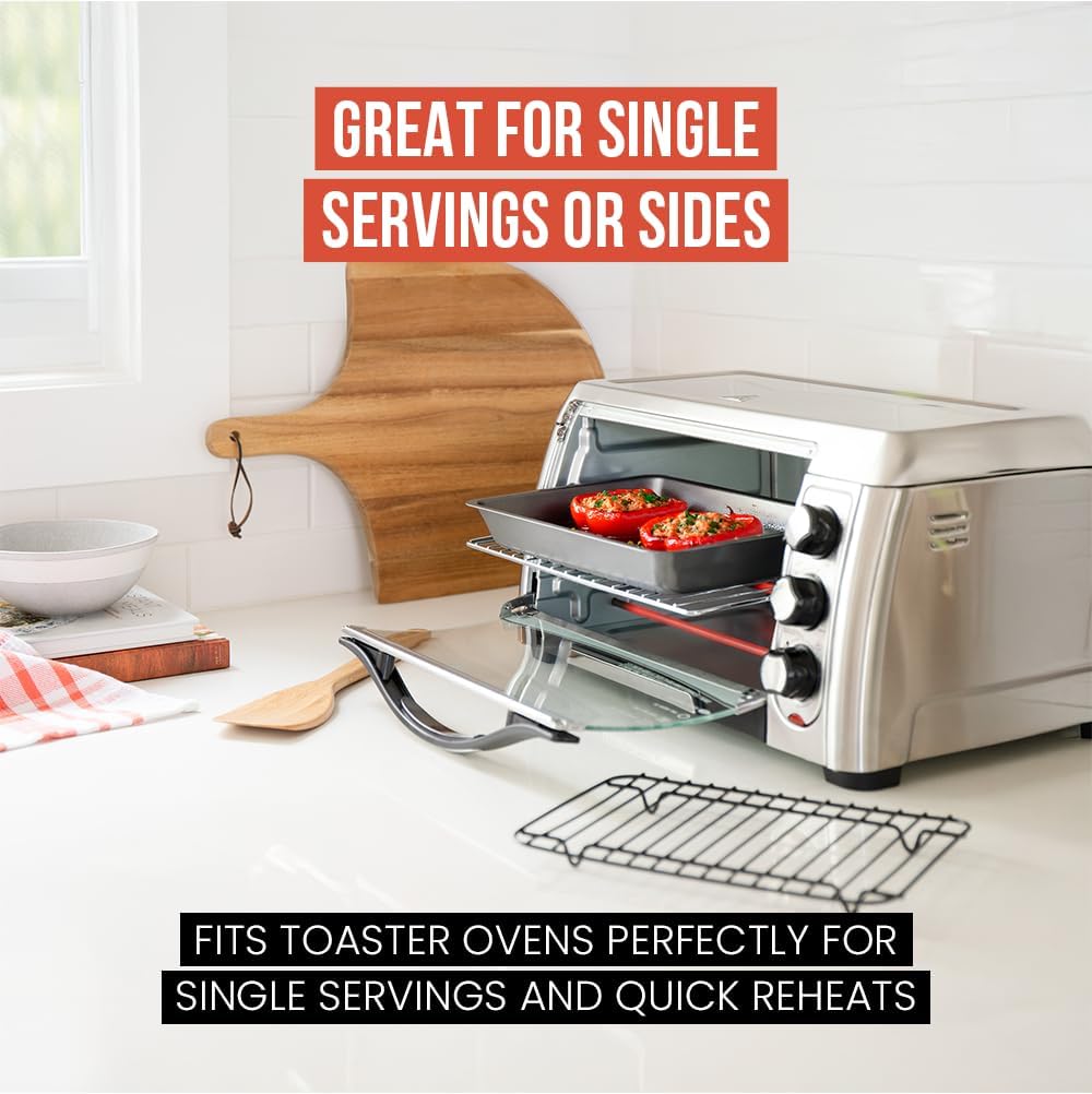 Chef Pomodoro Nonstick Carbon Steel Small Roasting Pan with Rack, Roasting Pan for Countertop Oven Baking, Single Serving, Grey (Mini)