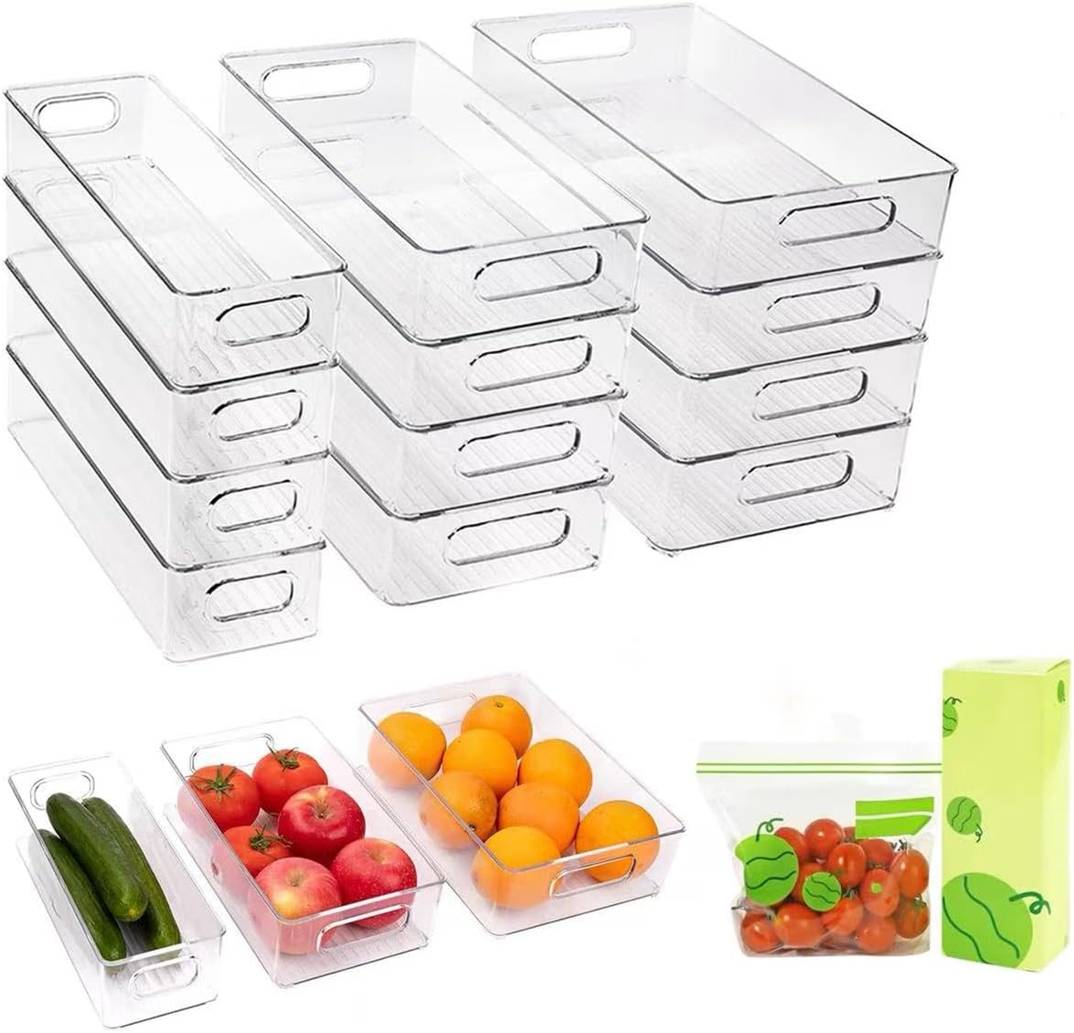 12 Pack Refrigerator Organizer Bins, 3 Sizes Stackable Clear Pantry Storage with Handles and 30 PCS Plastic Bags for Fridge, Freezer, Shelves, Drawer, Snack Organizer for Home & Kitchen