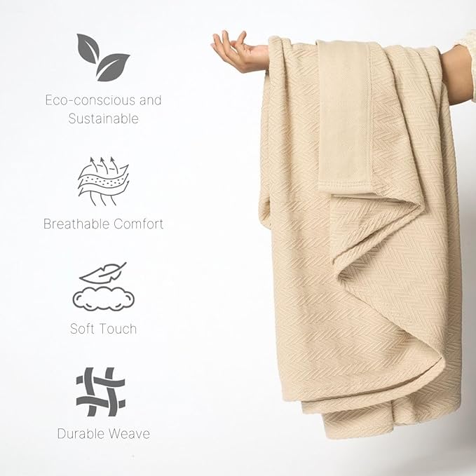 100% Cotton Herringbone Weave Blankets, 66"X90" Twin, Throw Blanket for Bed, All Season Cotton Blanket, Cozy Blanket,Throws & Bed Blanket, Throw Blanket for Couch, Modern Home Decor - Beige