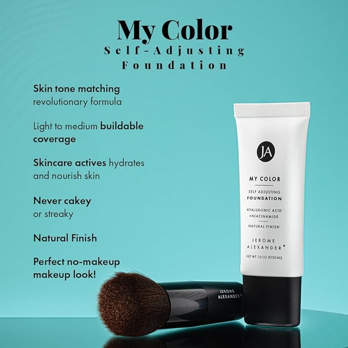 Jerome Alexander My Color Self-Adjusting Foundation, Hydrating & Lightweight Face Makeup, Skincare-Infused, with Kabuki Brush, Dark, 1 oz