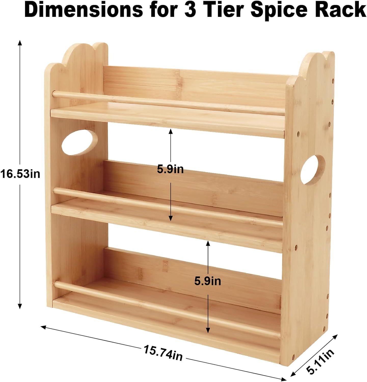 3 Tier Bamboo Spice Rack, Spice Rack Organizer, Seasoning Jars Rack Shelf Spice Organizer for Kitchen Counter or Wall Mounting, Bamboo Spice Storage Holder with handles Easy to Move