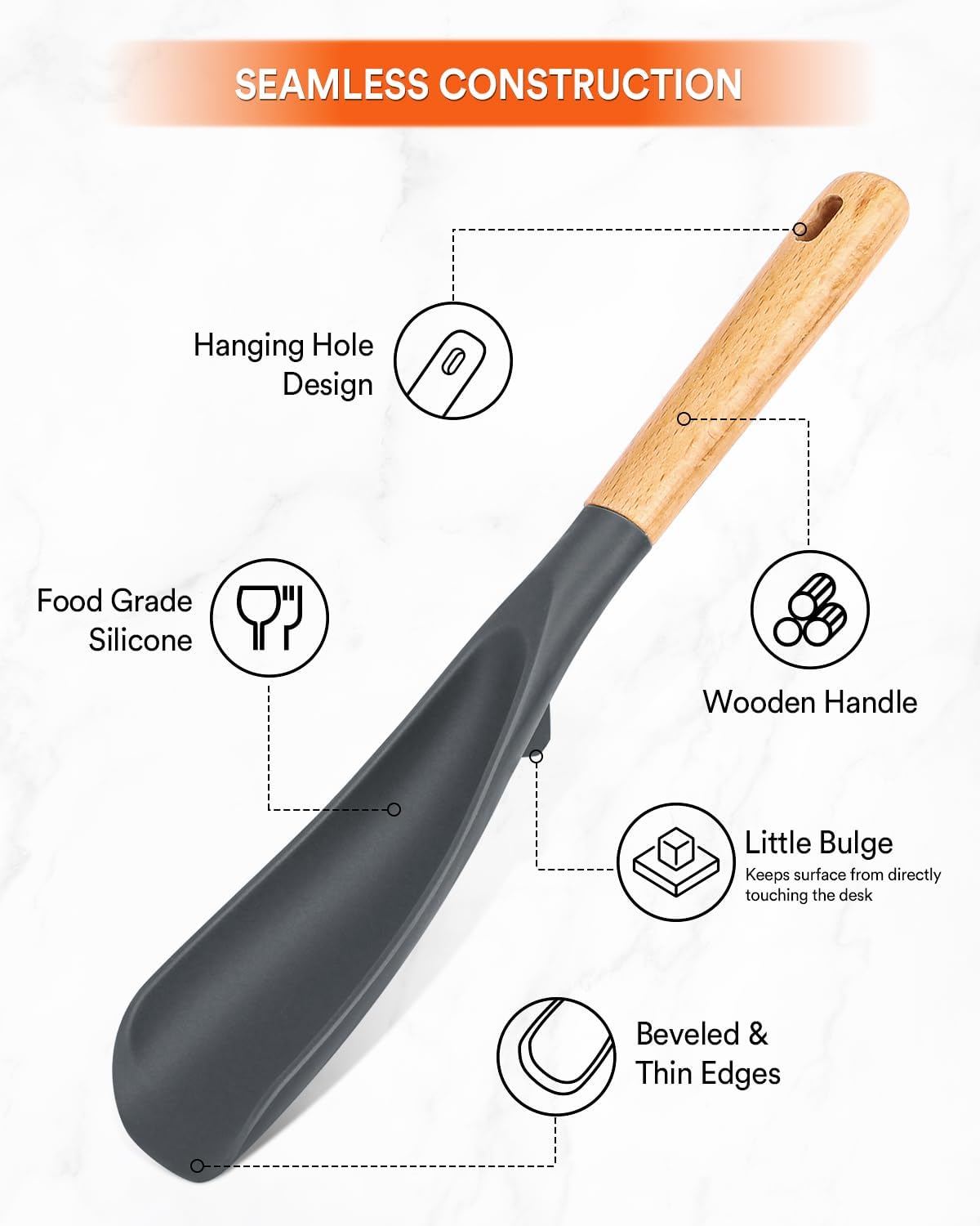 Cooking Spoon and Rice Scooper for Nonstick Cookwares, Great for Cooking and Serving Sturdy BPA-Free Matte Silicone, Wood Handle Spoon for Mixing, Scoop, and Scrape (GREY)