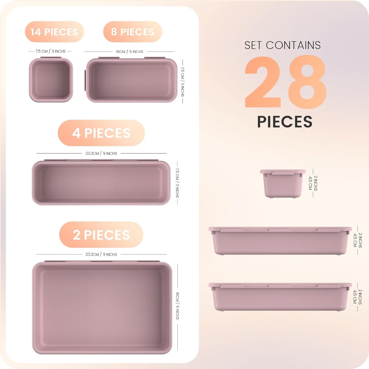 A-LuGei 【28PCS】 Drawer Organizer, Bathroom Organizers and Storage, Makeup organizer, Desk drawer organizer, Storage Bins for Kitchen Office Bedroom Vanity Jewelry Pantry Garage【Purple】【4Size】