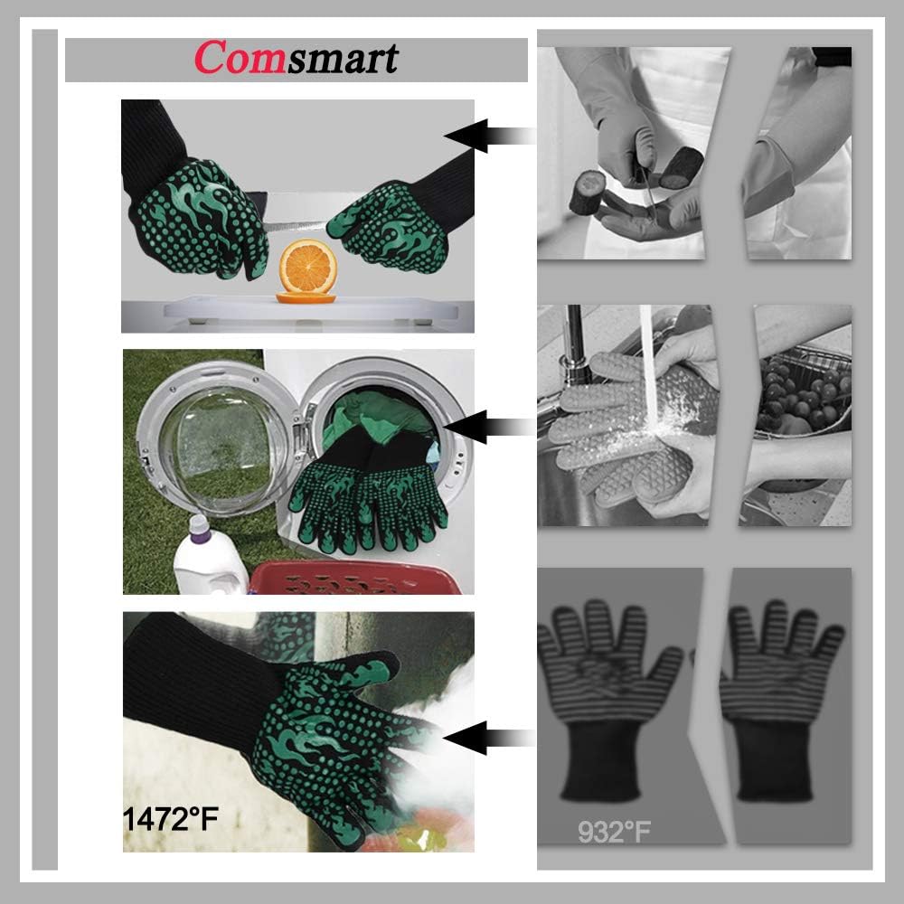 Comsmart BBQ Gloves, 1472 Degree F Heat Resistant Grilling Gloves Silicone Non-Slip Oven Gloves Long Kitchen Gloves for Barbecue, Cooking, Baking, Cutting