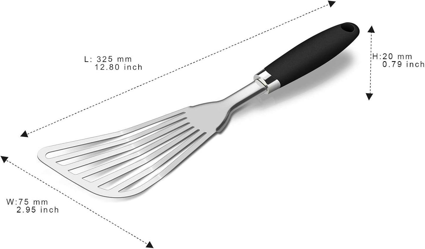 304 Stainless Steel Fish Spatula, Non-Slip Ergonomic Handle Slotted Spatula, Black