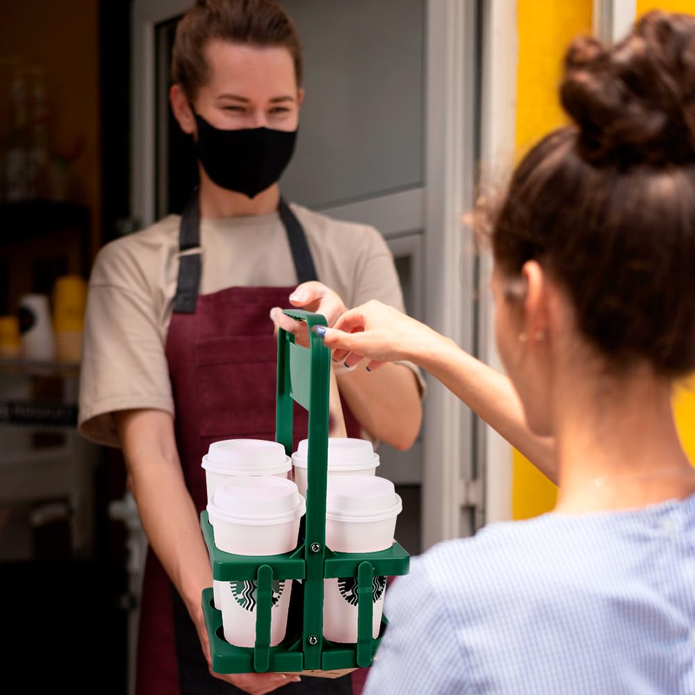 Bodaon 4 Cup Drink Carrier with Handle, Plastic Cup Carriers for Drinks, Drink Holder for Car, GrubHub/Eats Doordash Accessories, Portable Foldable Reusable Mobile, Use for Food Delivery Bag, Green