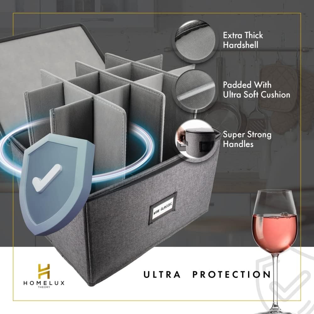 HOMELUX THEORY Wine Glass Storage Box with Dividers, Hard Shell China Storage Containers, Heavy Duty Glassware Storage Box & Stemware Storage Container with Lid, Thick Surface, and Sturdy Handle