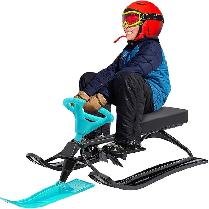 Snow Racer Sled, Ski Sled Slider Board with Steering Wheel, Twin Brakes, Anti-Slip Pedal, Snow Sled for Kids