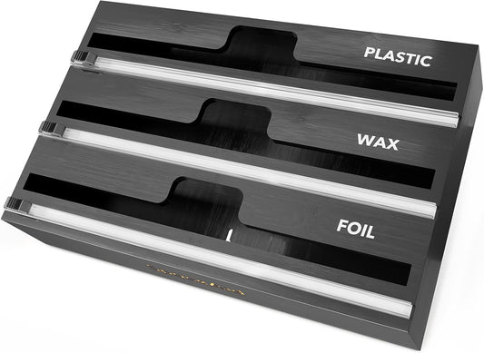 SpaceAid WrapNeat 3 in 1 Wrap Organizer with Cutter and Labels, Plastic Wrap, Aluminum Foil and Wax Bamboo Dispenser for Kitchen Storage Organization Holder for 12" Roll (Black)