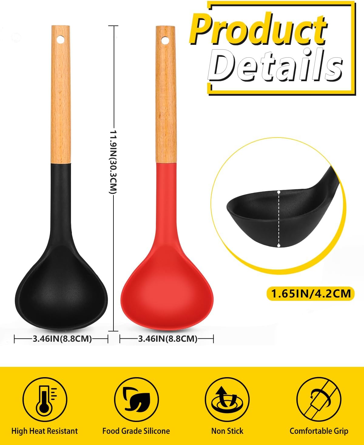 Pack of 2 Soup Ladle, Silicone Ladle Spoon with Wooden Handle, Large Non Stick High Heat Resistant Kitchen Utensils for Cooking, Stirring, Serving Soups(BLACK-RED)
