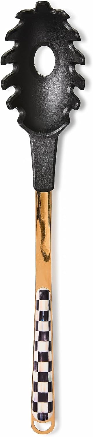 MACKENZIE-CHILDS Kitchen Pasta Spoon, Silicone Spaghetti Spoon, Black-and-White Courtly Check