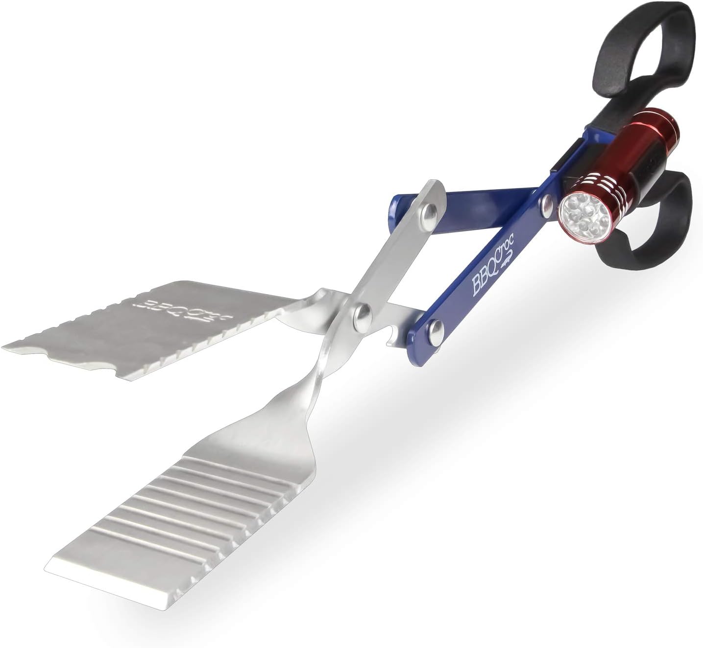 BBQ Croc 3 in 1 Barbecue Tool 18-inch - Extra Light and Long Tongs, Spatula and Grill Scraper (Blue) (18 inch with Flashlight)