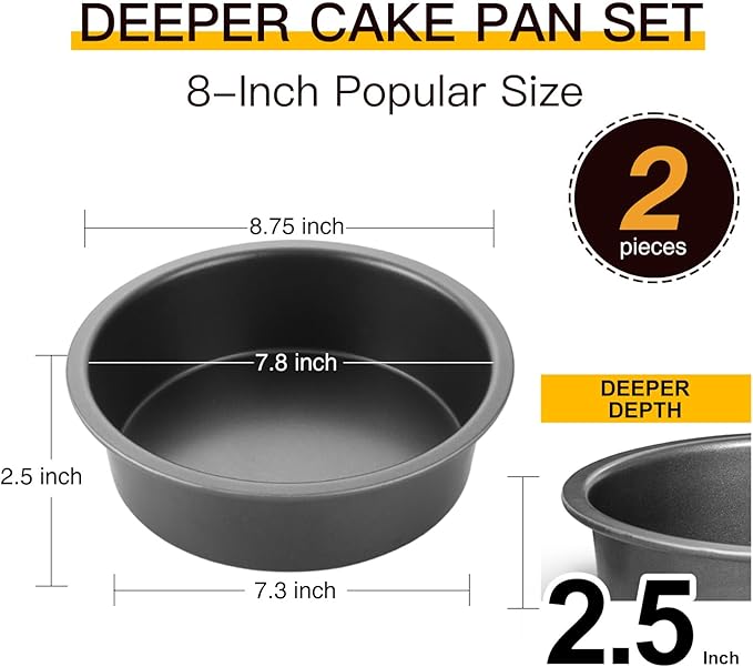 HONGBAKE Round Cake Pan Set for Baking, 8 Inch, Nonstick Deeper Circle Cake Pans with Wider Grips, 2 Pieces Layer Cake Tin, Cheesecake Mold, Huty Duty, Dishwasher Safe - Grey