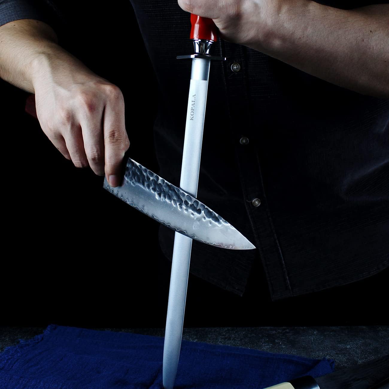 Sharpening Steel Knife Sharpener Rod Flat 10 Inches Honing Steel for Knives Red