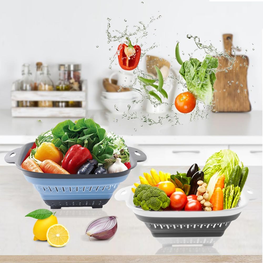 Collapsible Colander Set, Square Round Triangles Silicone Kitchen Strainer Perfect for Draining Pasta Vegetable fruit 2 PCS (10.8"L x 8.6"W x 2"H, Blue & Gray)
