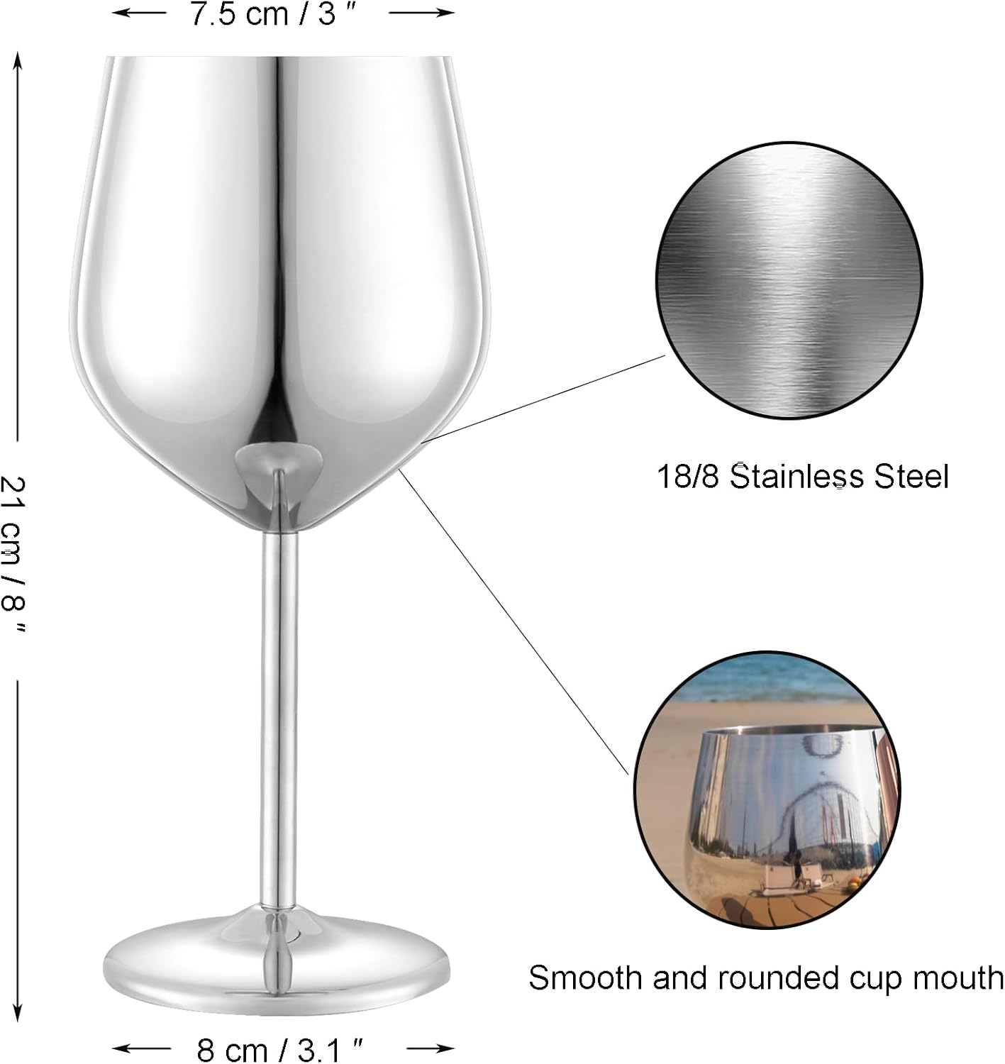 Stainless Steel Wine Glasses Set of 2, 18 oz Unbreakable Silver Wine Glass Unique Metal Wine Goblets for Outdoor Capming and Pool Gift for Wine Lovers