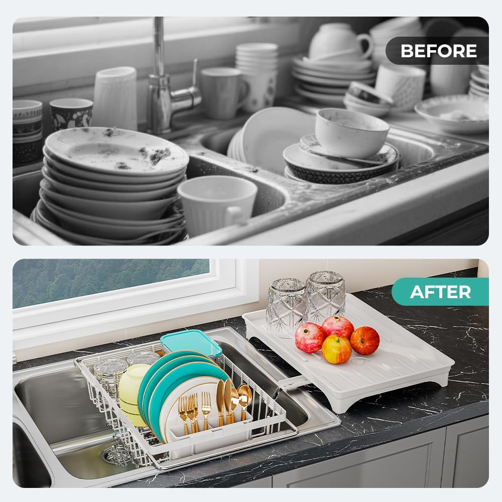 Small Dish Drying Rack in Sink, Expandable Stainless Steel Dish Drainers for Kitchen Counter, with Drain Board & Utensil Holder(White)