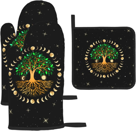 Black Oven Mitts and Pot Holders Sets of 3 Heat Resistant Hot Pads Ancient Life Tree Decorative Oven Gloves for Cooking Grilling Baking Kitchen Moon Luna Hippy Decor