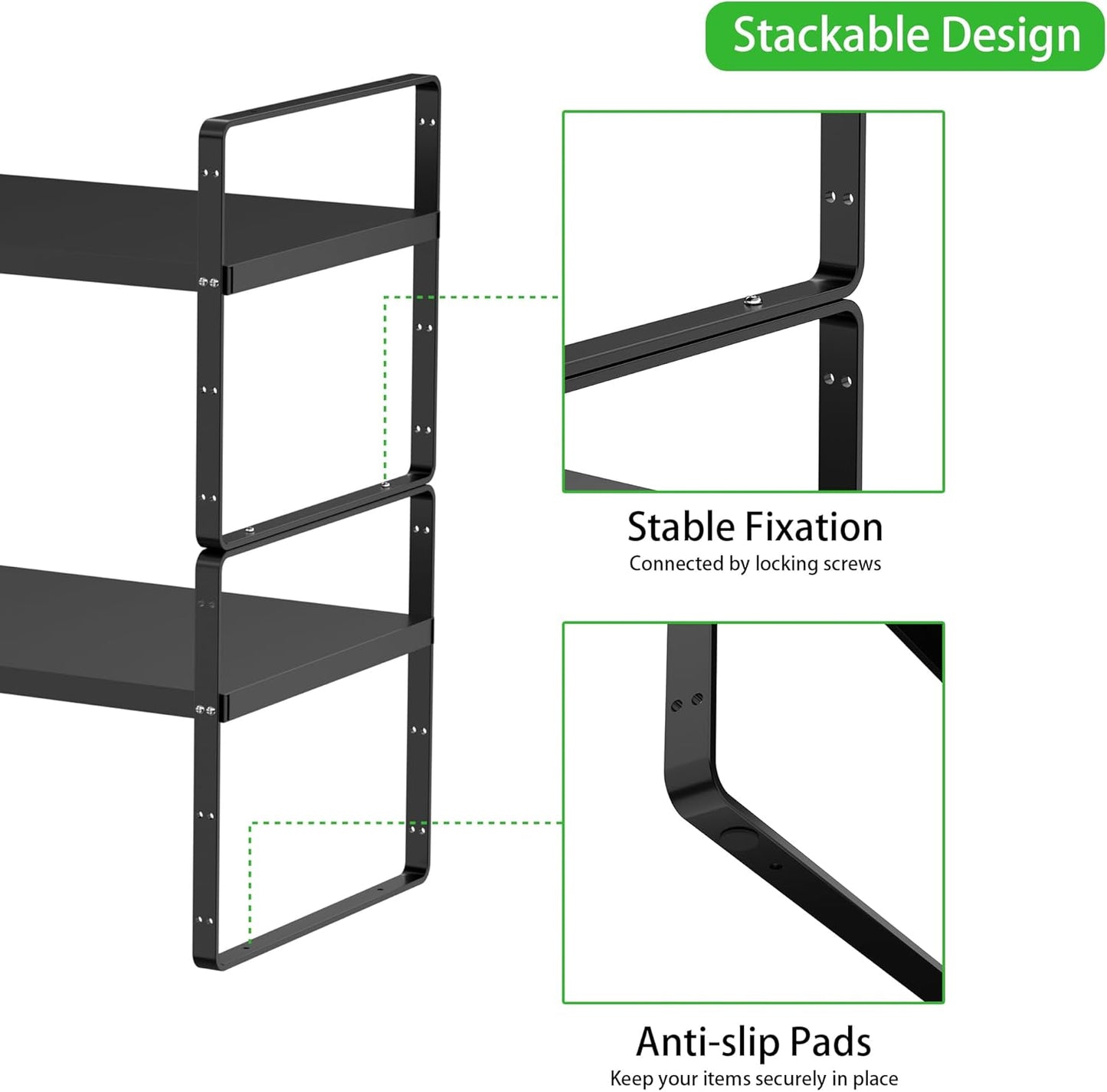 Expandable Cabinet Storage Shelf Stackable Organizer Rack for Kitchen Bathroom Pantry Spice Cupboard Countertop Home Office Desk Heavy Duty Nonslip Black Small 2 Pack