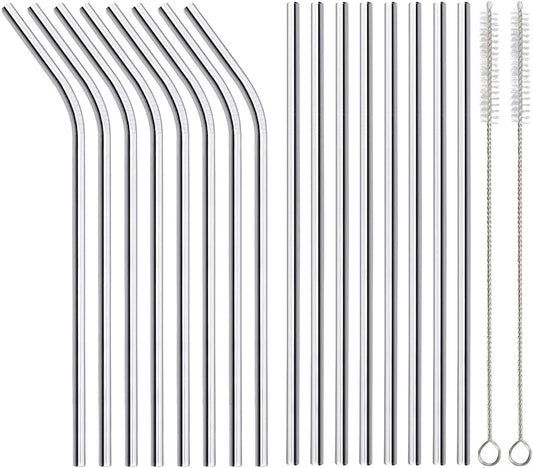 16 Pack of Reusable Stainless Steel Metal Straws, 8 Straight + 8 Bent 8.5 inch Metal Straws with 2 Cleaning Brushes, Straw Compatible with 20oz Stanley Cup