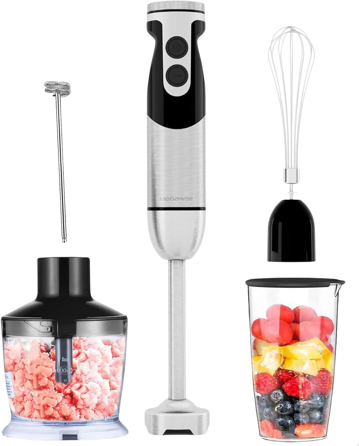 MegaWise Pro Titanium Reinforced 5-in-1 Immersion Hand Blender, Powerful 400W with 80% Sharper Blades, 12-Speed Corded Blender, Including 500ml Chopper, 600ml Beaker, Whisk and Milk Frother (Black)