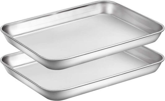 Wildone Baking Sheet Set of 2 - Stainless Steel Cookie Sheet Baking Pan, Size 9 x 7 x 1 inch, Non Toxic & Heavy Duty & Mirror Finish & Rust Free & Easy Clean