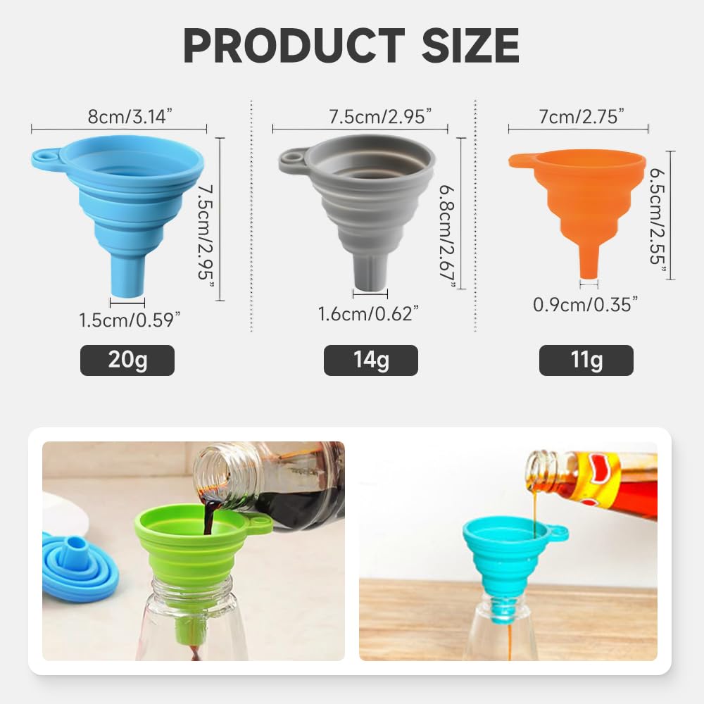 Kitchen Funnel Set, 2025 Upgrade Silicone Collapsible Funnel Silicone Collapsible Food Funnels for Kitchen 3 Sizes Funnels for Home Use Filling Bottles Daily Cooking (Green, 1Set 11+14+20g)
