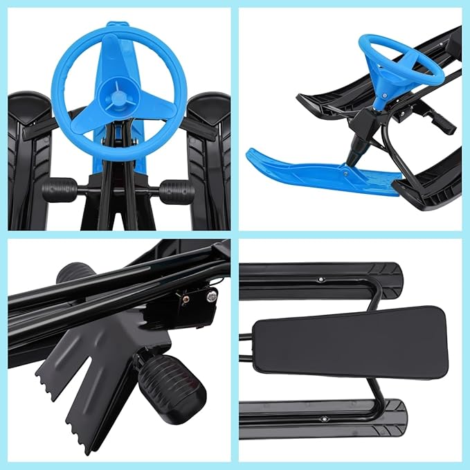 Snow Racer Sled, Ski Sled Slider Board with Steering Wheel, Twin Brakes, Anti-Slip Pedal, Snow Sled for Kids