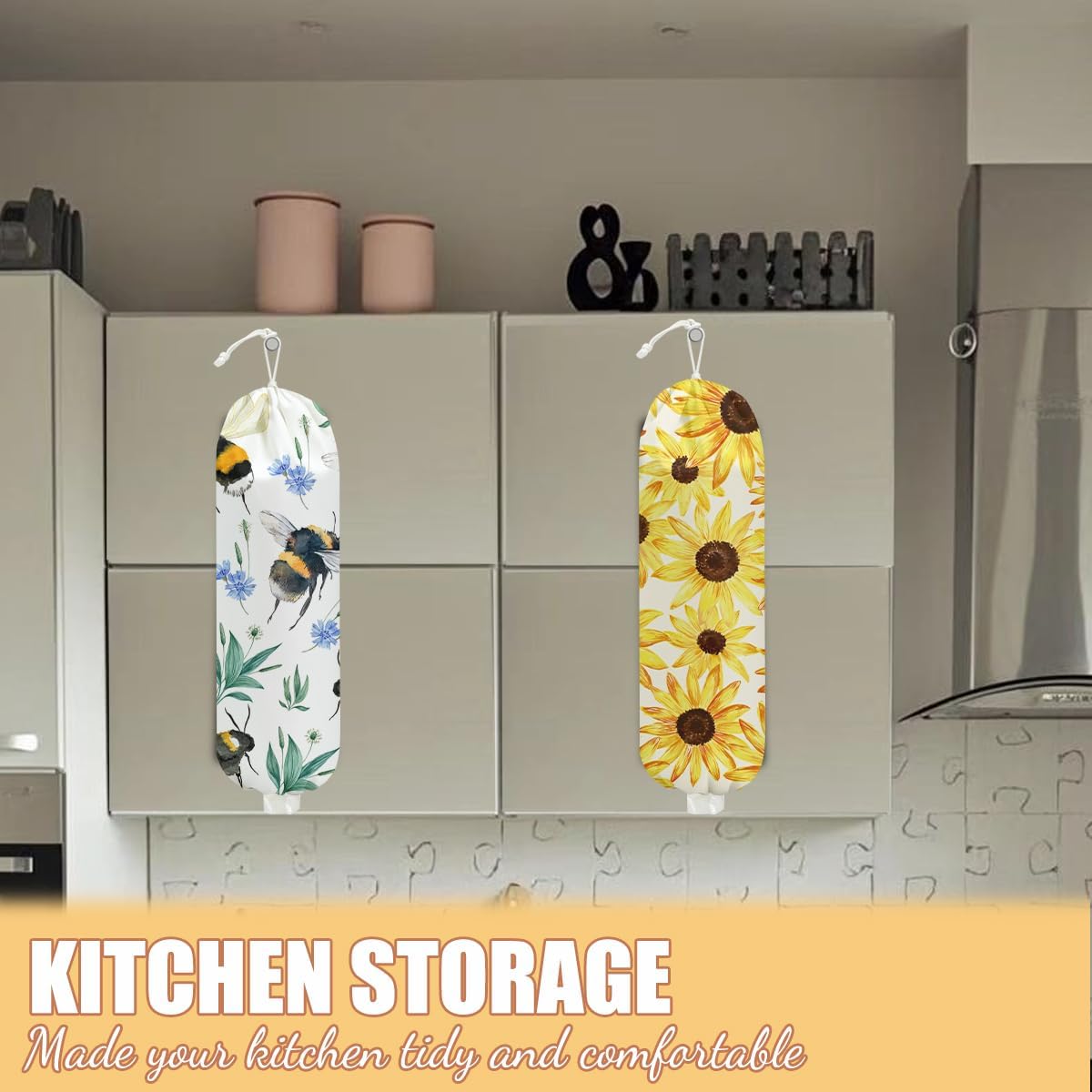 2 Pcs Bee Plastic Bag Holder, Sunflower Grocery Bag Holder Plastic Storage bag, Large Washable Grocery Bags Storage Dispenser for Home Kitchen Pantry Decor, Flower Gifts for Women Mom Grandma