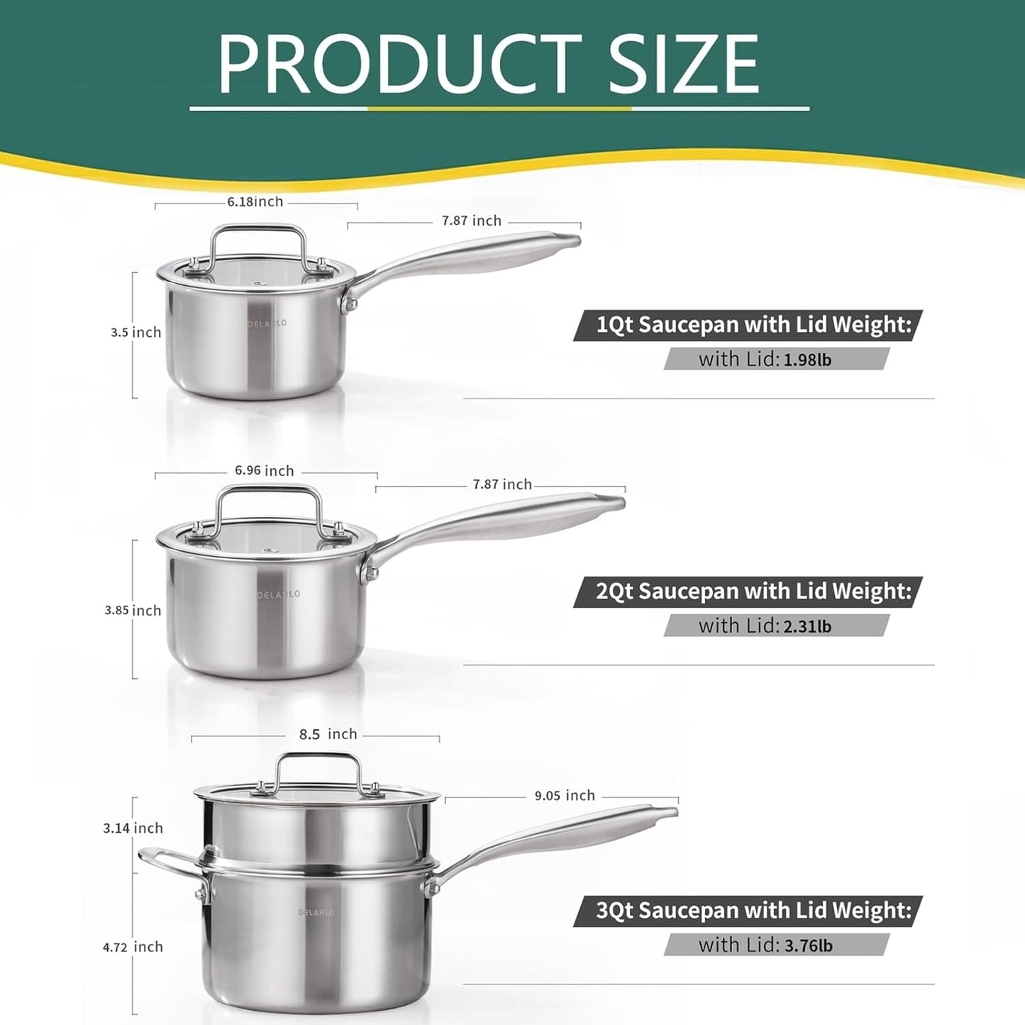 DELARLO Kitchen Pot Set, Tri-Ply Stainless Steel Saucepan Set, 1.0QT 2QT 3.5QT, Cooking Set, Fast Even Heat, Saucepan set Compatible with all Cooktops 600℉（Lids 300℉） 3.5QT Pot with a Steamer