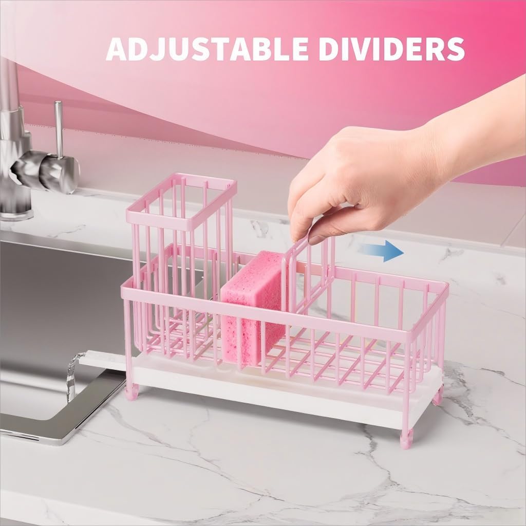 Cisily Pink Sponge Holder for Kitchen Sink, Sink Caddy Organizer with High Brush Holder, Countertop Organizers and Storage Essentials, Rustproof 304 Stainless Steel, Pink kitchen Accessories and Decor