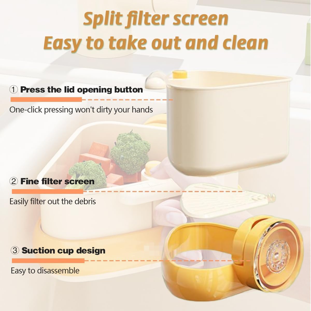 Suction Cup Sink Corner Rack, 2025 Upgraded Self-Cleaning Sink Strainer Basket, Removable Food Waste Catcher with Drain Hole, Say Goodbye to Gross Food Scraps and Smelly Sinks (Yellow)