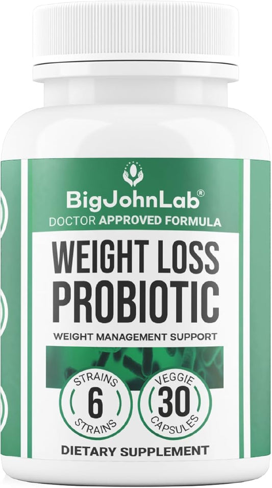 BIGJOHNLAB® - Probiotics for Weight Management & Bloating - 6 Probiotic Strains - Prebiotics - Key Ingredient Cayenne & Green Tea - Supports Gut Health - Weight Management for Women & Men - 30 CT