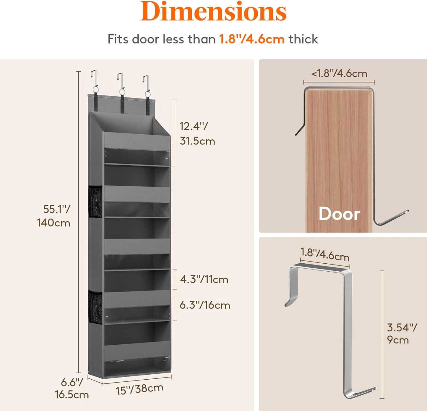Lifewit 2 Pack Over the Door Organizer, 5 Shelf Clear Window Hanging Storage with 4 Mesh Side Pockets, Anti Tilt 40 lbs Load Behind Door for Pantry, Nursery, Bathroom, Bedroom, Kitchen, Dorm, Gray