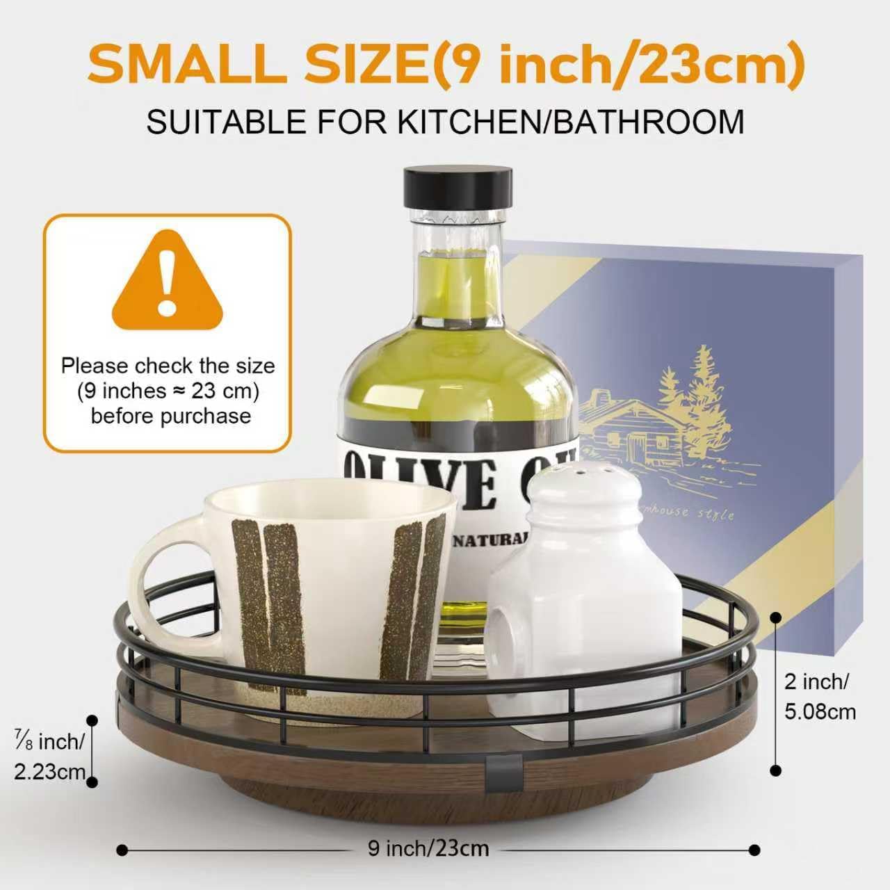 Farmhouse Oak 9" Lazy Susan Turntable Organizer for Cabinet, Round Wooden Lazy Susan Organization and Storage for Dining Table, Pantry, Kitchen, Countertop, Cupboard,Home Decor, Walnut Wood