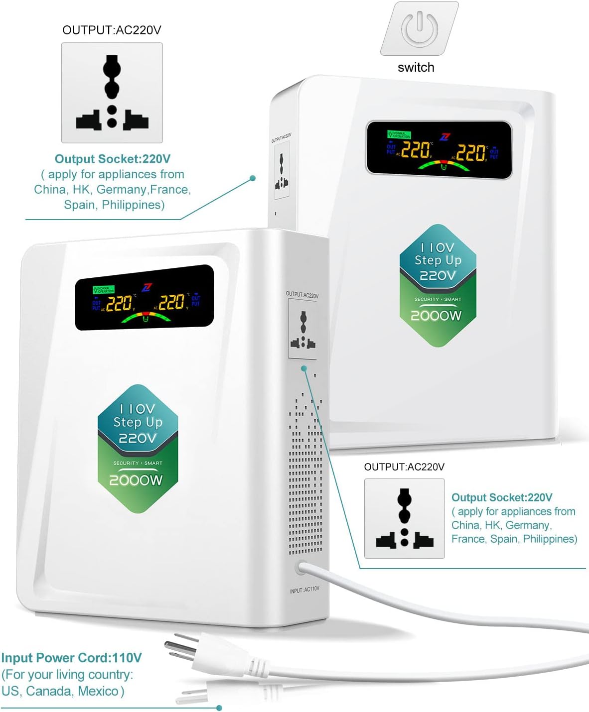 120v to 240v Step Up Transformer 1000W, 110v to 220v Power Voltage Converters, No Noise, Ten Protection Functions, Suit for Coffee Machines, Rice Cookers and Other Appliances