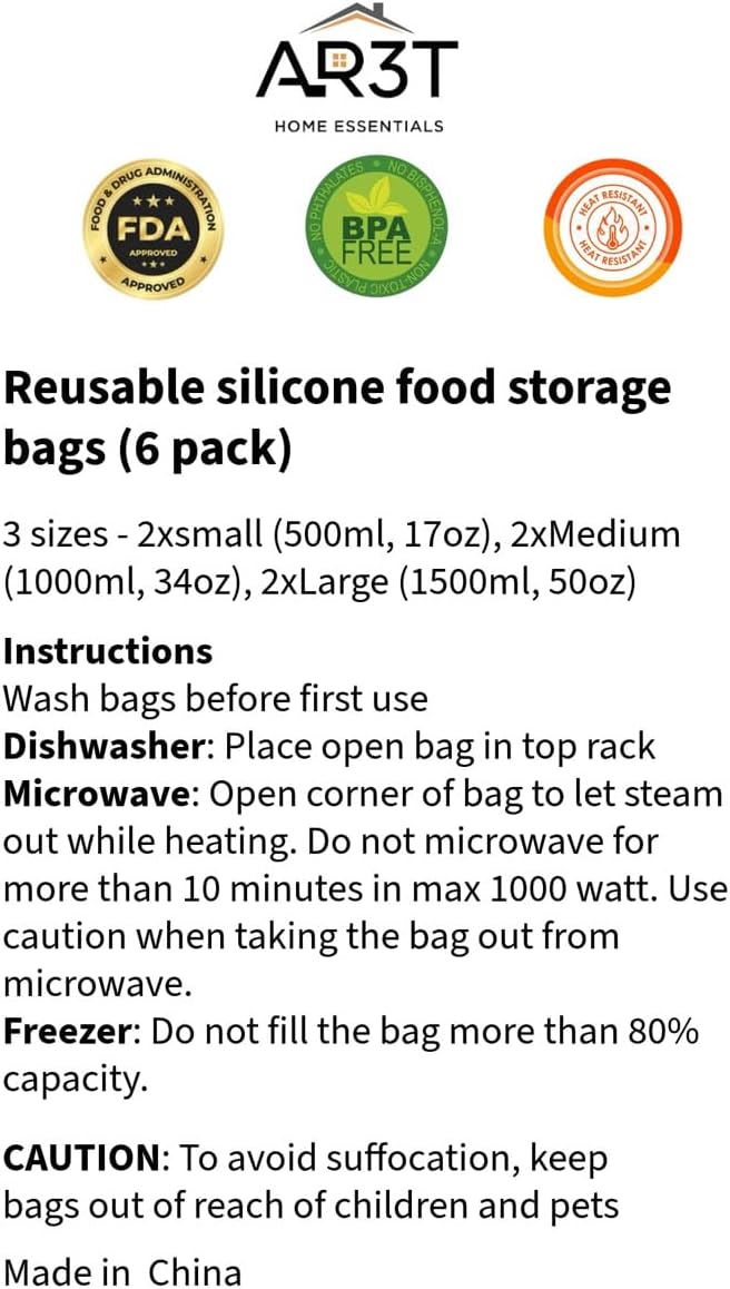 Silicone Food Storage Bags, Stand Up Zip Container Set for Soup, Sandwich, Leftovers, Microwave Safe, BPA Free, AR3T Home Essentials (Multi Color 6 pack)