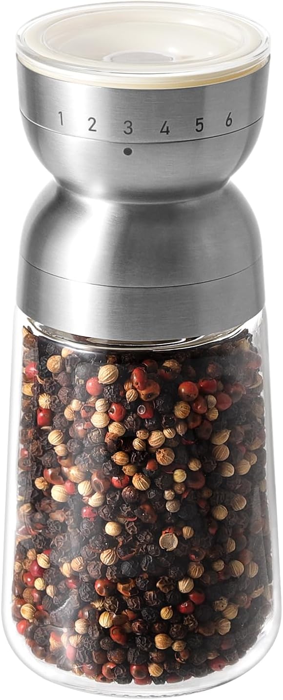 Vucchini Pepper Grinder Salt Grinder Manual - External Adjustable Coarseness with 6 Settings Stainless Steel Spice Grinder Mill Ceramic Burr Large Capacity 9 oz Ideal for Kitchen
