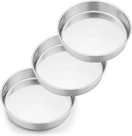 P&P CHEF 9.5 Inch Round Cake Pan Set of 3, Stainless Steel Round Baking Layer Pans Bakeware for Layer Birthday Cake, Fit Oven/Pots/Pressure Cooker, Leakproof & Dishwasher Safe, Silver