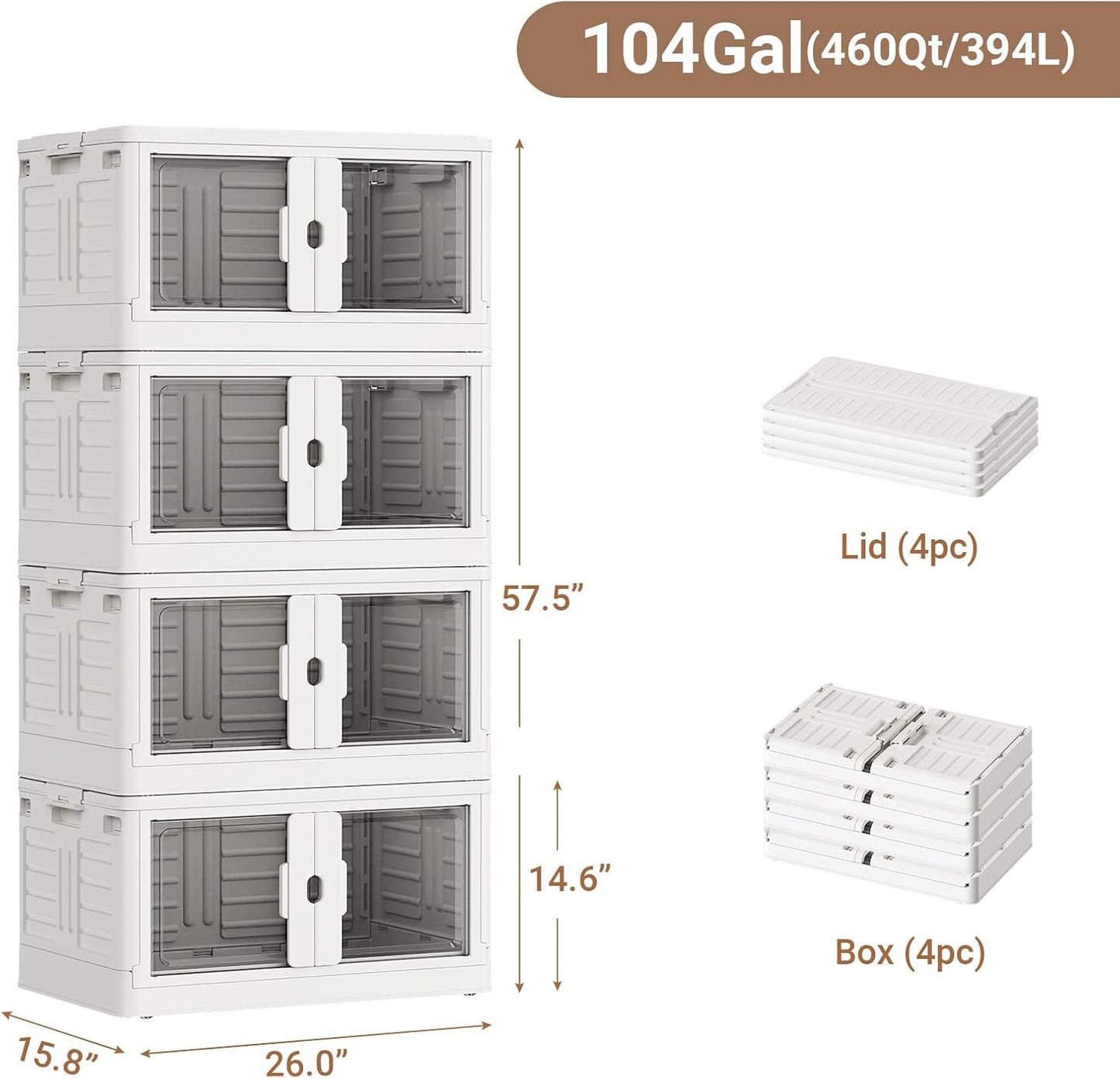 460Qt Stackable Storage Bins with Individual Lids & Wheels, Large Plastic Collapsible Latching Boxes Closet Organizers and Storage Cabinet Shelves Units for Home Kitchen Dorm, 4-Pack White