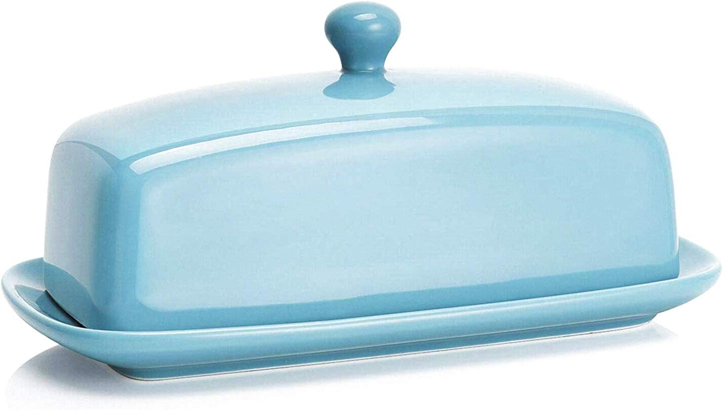 Sweese Butter Dish with Lid, Porcelain Butter Keeper, 7.8 Inch Butter Holder with Handle Cover, Butter Container Perfect for East West Coast Butter, Turquoise
