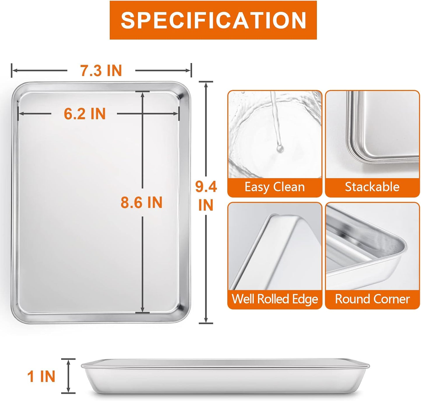 Small Baking Sheet Set of 2, E-far 9.4”x7.3” Toaster Oven Stainless Steel Cookies Sheet Pan with 50 Parchment Paper, Rectangle Mini Baking Tray for Cooking, Rust Free & Heavy Duty, Dishwasher Safe
