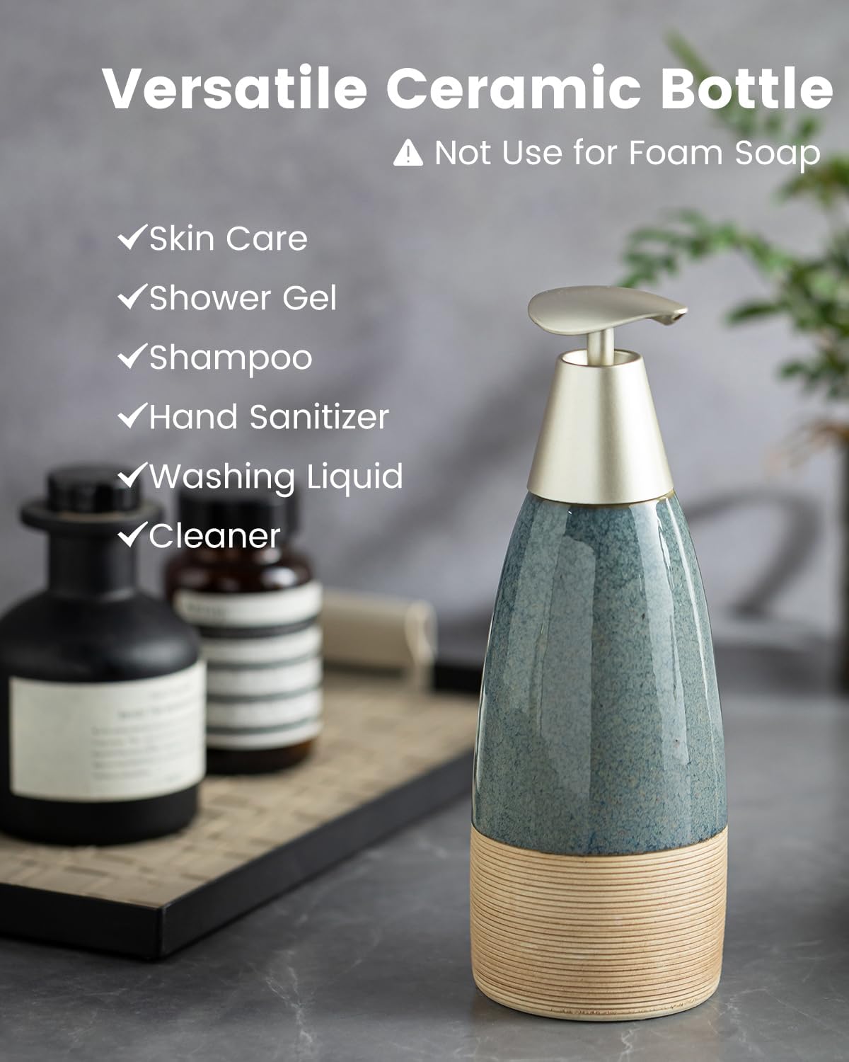 12 oz Dish Soap Dispenser with 2 Pumps, Ceramic Hand Soap Bottle for Shampoo, Body Wash, Lotion, Liquid Dispenser for Kitchen Countertop with Silicone Funnel, Blue