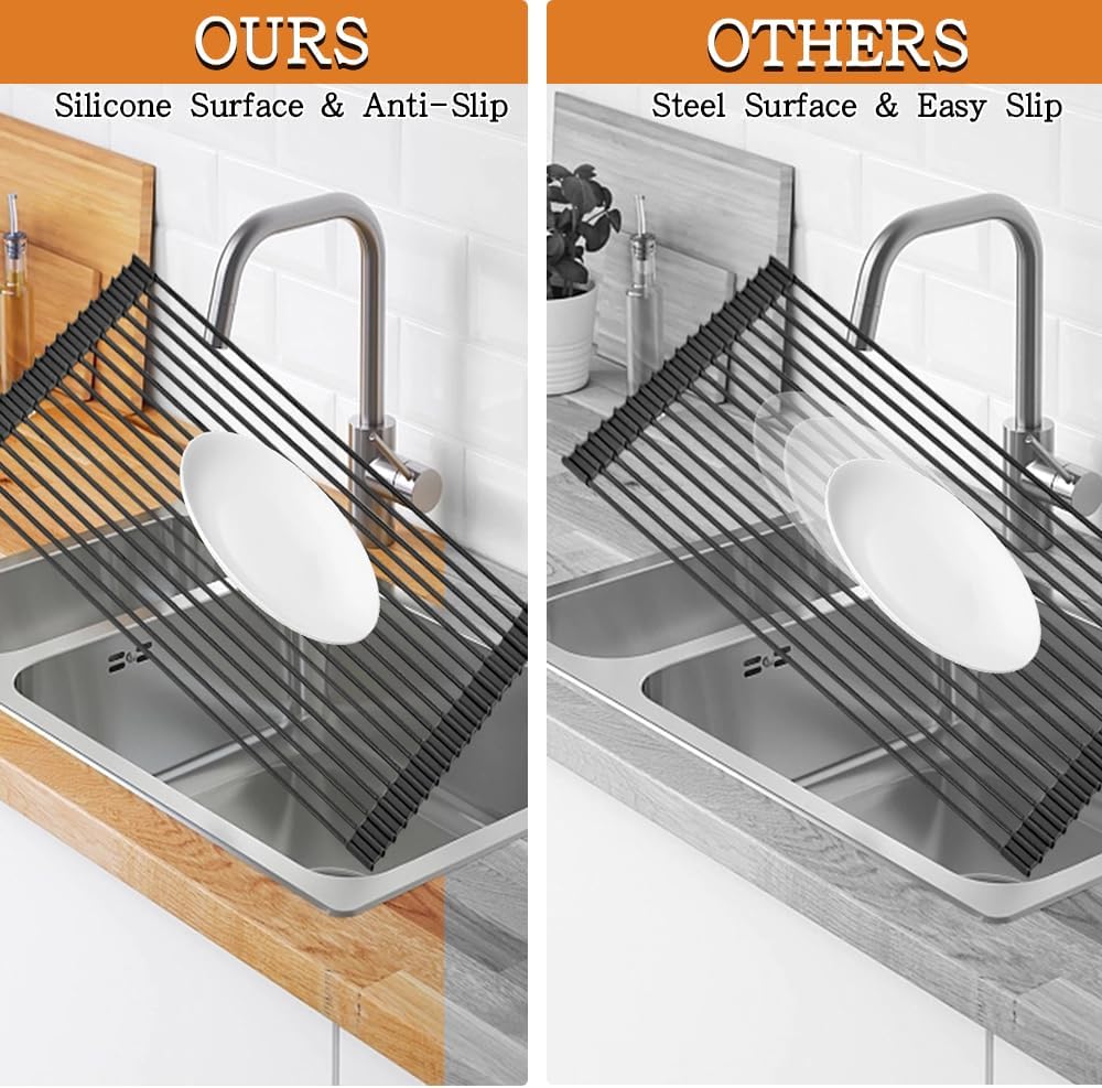 LEMIKKLE 20.5" x 13" Roll Up Dish Drying Rack Silicone Wrapped Over The Sink Dish Drying Rack Foldable Sink Drying Mat, Heat-Resistant & Anti-Rust Dish Rack for Kitchen Sink, Black